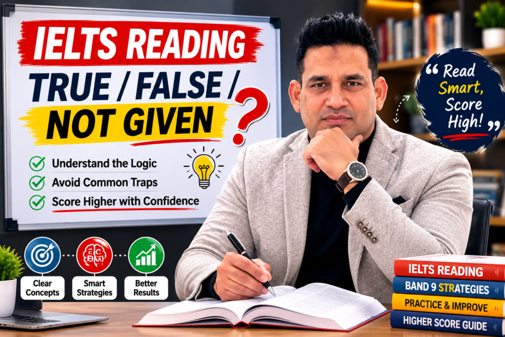 ELTS Reading True False Not Given strategies with a confident IELTS instructor explaining how to avoid common traps and improve reading scores.