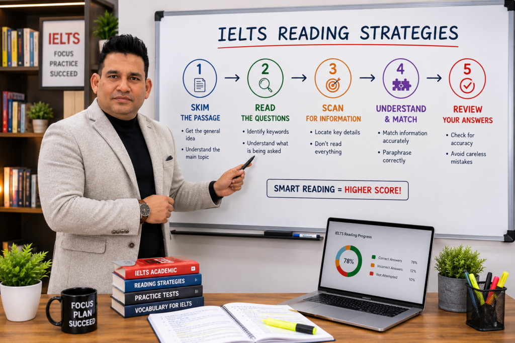 An IELTS teacher explaining reading strategies and matching information techniques in front of a modern classroom whiteboard.