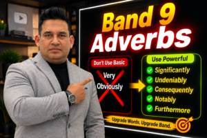 Energetic IELTS teacher pointing at a high-contrast red and black thumbnail board displaying "Band 9 Adverbs" with basic words crossed out.