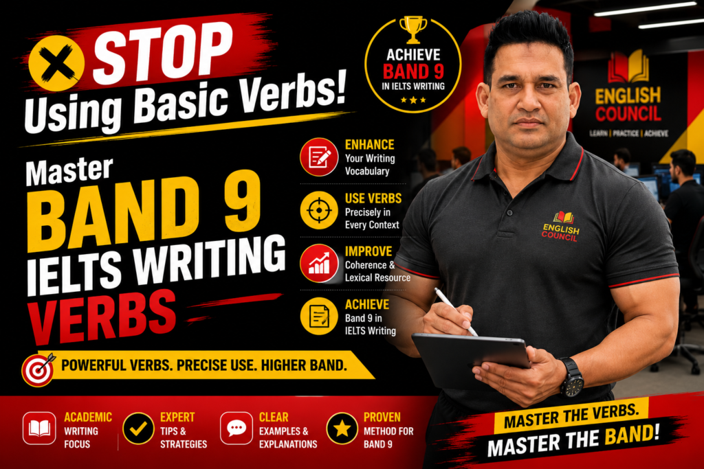 Bold thumbnail image showing English Council trainer alongside a strong headline STOP Using Basic Verbs! Master Band 9 IELTS Writing Verbs.