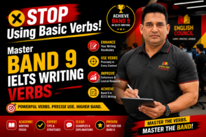 Bold thumbnail image showing English Council trainer alongside a strong headline STOP Using Basic Verbs! Master Band 9 IELTS Writing Verbs.
