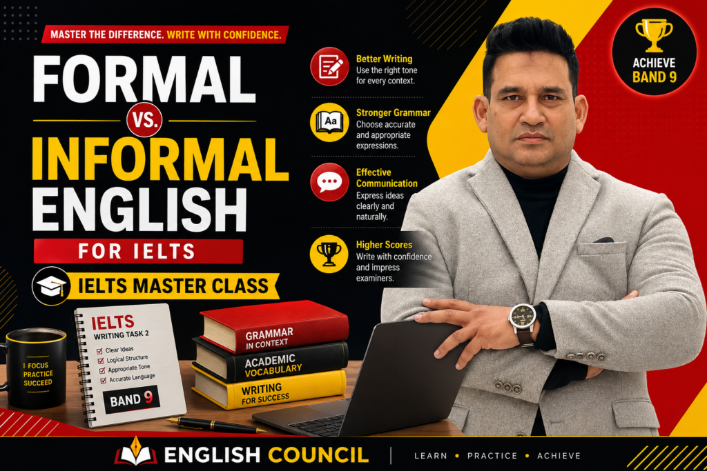 Minimalist blog header graphic titled Formal vs. Informal English for IELTS Master Class with English Council branding on a blue gradient background.