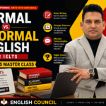 Minimalist blog header graphic titled Formal vs. Informal English for IELTS Master Class with English Council branding on a blue gradient background.