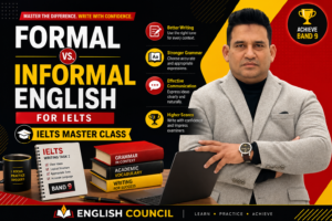 Minimalist blog header graphic titled Formal vs. Informal English for IELTS Master Class with English Council branding on a blue gradient background.