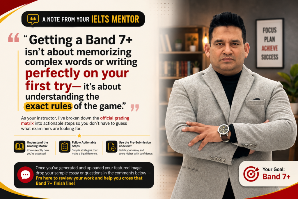 Confident IELTS mentor presenting a Band 7+ essay writing blueprint strategy