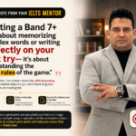 Confident IELTS mentor presenting a Band 7+ essay writing blueprint strategy