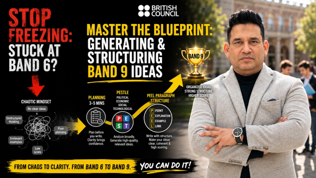 English Council trainer pointing to a Band 9 blueprint diagram with high-contrast text reading STOP Freezing: Stuck at Band 6? and MASTER The Blueprint: Generating & Structuring Band 9 Ideas.