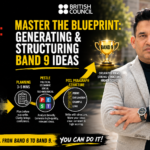 English Council trainer pointing to a Band 9 blueprint diagram with high-contrast text reading STOP Freezing: Stuck at Band 6? and MASTER The Blueprint: Generating & Structuring Band 9 Ideas.