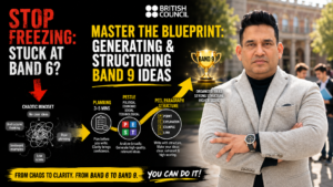 English Council trainer pointing to a Band 9 blueprint diagram with high-contrast text reading STOP Freezing: Stuck at Band 6? and MASTER The Blueprint: Generating & Structuring Band 9 Ideas.