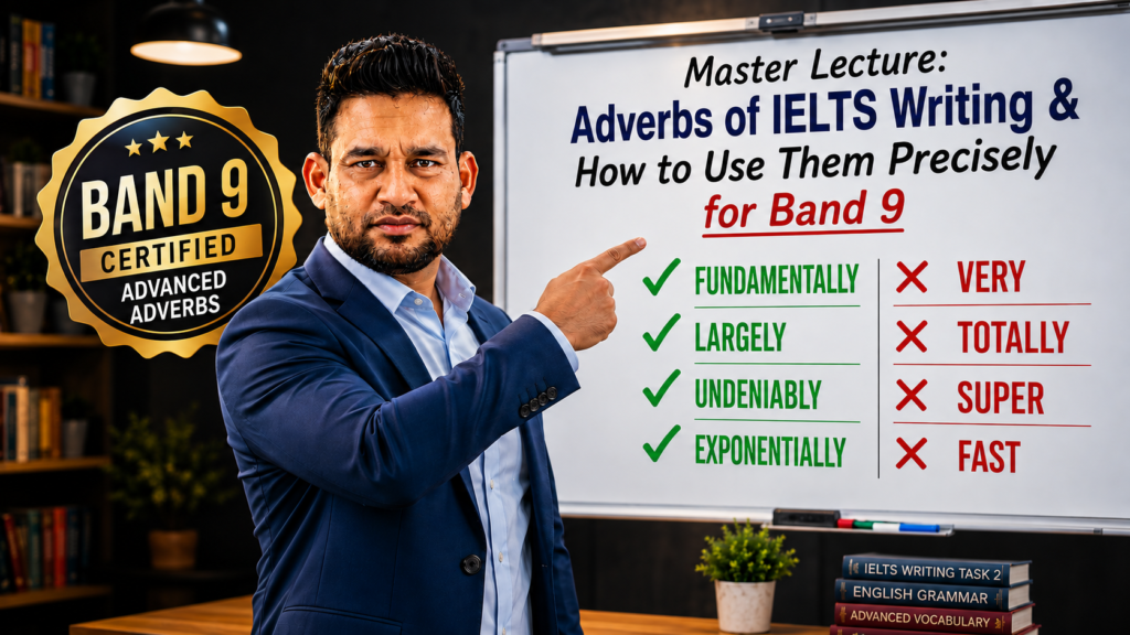 South Asian male English lecturer pointing at a whiteboard showing Band 9 IELTS adverbs like Fundamentally, Largely, Undeniably, and Exponentially, with a Band 9 Certified seal badge.