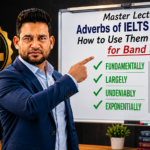 South Asian male English lecturer pointing at a whiteboard showing Band 9 IELTS adverbs like Fundamentally, Largely, Undeniably, and Exponentially, with a Band 9 Certified seal badge.