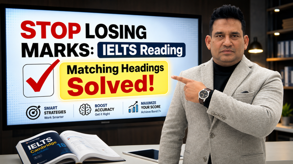 Imran ali imran Male IELTS teacher pointing to a digital screen explaining how to solve matching headings in IELTS Reading