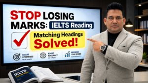 Imran ali imran Male IELTS teacher pointing to a digital screen explaining how to solve matching headings in IELTS Reading