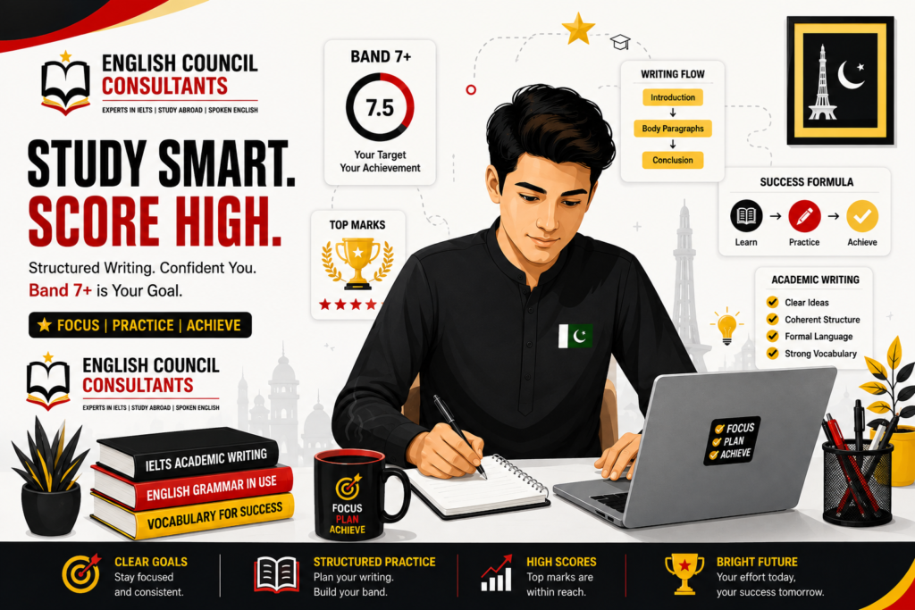 Flat vector illustration of a Pakistani student studying at a desk with an IELTS Band 9 scorecard icon and structured academic writing flowcharts.
