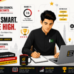 Flat vector illustration of a Pakistani student studying at a desk with an IELTS Band 9 scorecard icon and structured academic writing flowcharts.