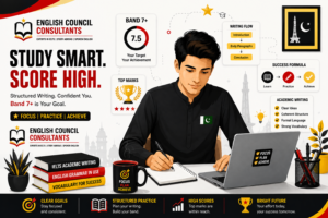 Flat vector illustration of a Pakistani student studying at a desk with an IELTS Band 9 scorecard icon and structured academic writing flowcharts.