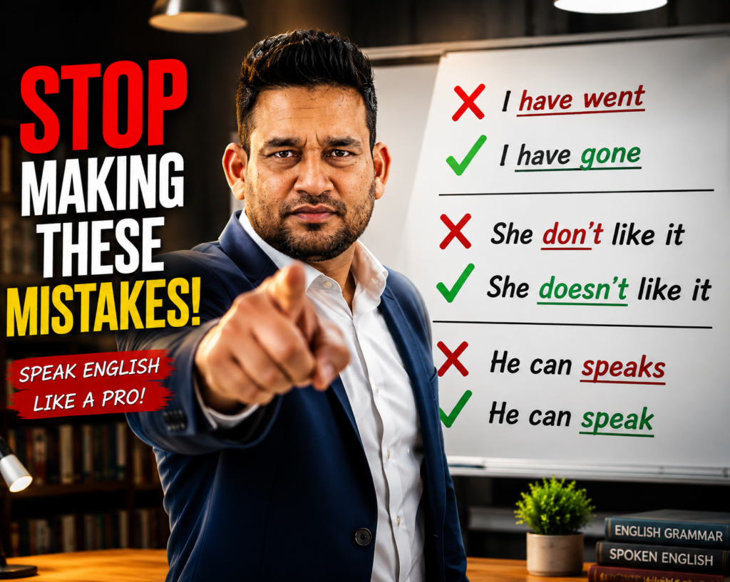 South Asian male IELTS teacher in a navy blazer pointing forward, with large bold text graphic: "STOP! LOSING BAND 9 IELTS MARKS? 50 PREPOSITION RULES NOW! (Urdu Included!)" with grammar correction symbols and a Band 8+ vocabulary badge, set in a classroom environment.