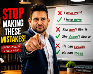 South Asian male IELTS teacher in a navy blazer pointing forward, with large bold text graphic: "STOP! LOSING BAND 9 IELTS MARKS? 50 PREPOSITION RULES NOW! (Urdu Included!)" with grammar correction symbols and a Band 8+ vocabulary badge, set in a classroom environment.