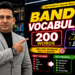 An expressive IELTS teacher presenting 200 essential Band 9 academic words with Urdu translations and practice examples.