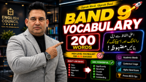 An expressive IELTS teacher presenting 200 essential Band 9 academic words with Urdu translations and practice examples.