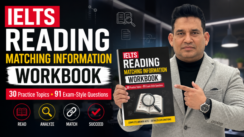 IELTS Reading Matching Information Workbook cover featuring a professional teacher, 30 practice topics, 91 exam-style questions, complete answer keys, and detailed explanations in a red, yellow, and black design.