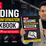 IELTS Reading Matching Information Workbook cover featuring a professional teacher, 30 practice topics, 91 exam-style questions, complete answer keys, and detailed explanations in a red, yellow, and black design.