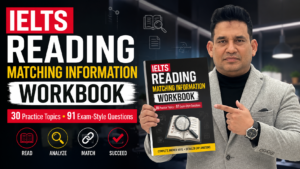 IELTS Reading Matching Information Workbook cover featuring a professional teacher, 30 practice topics, 91 exam-style questions, complete answer keys, and detailed explanations in a red, yellow, and black design.