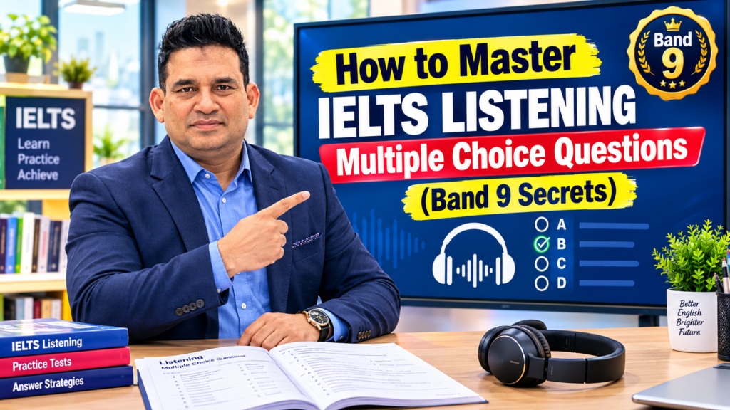 Professional IELTS trainer explaining multiple choice question strategies for Band 9
