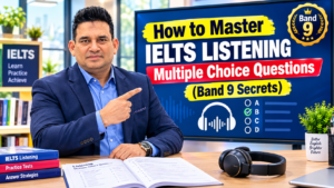 Professional IELTS trainer explaining multiple choice question strategies for Band 9