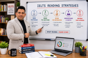 An IELTS teacher explaining reading strategies and matching information techniques in front of a modern classroom whiteboard.